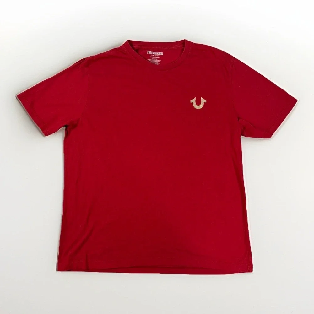 True Religion Shirt Men's 2XL Red Gold Foil Metallic Buddha Logo Cotton T-Shirt
